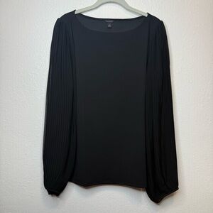Ann Taylor Black Pleated Semi Sheer Balloon Sleeve Blouse Size XL Capsule Closet
